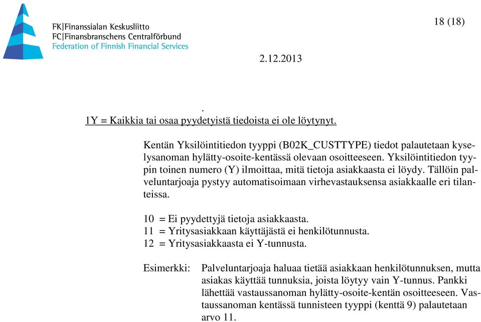 10 = Ei pyydettyjä tietoja asiakkaasta. 11 = Yritysasiakkaan käyttäjästä ei henkilötunnusta. 12 = Yritysasiakkaasta ei Y-tunnusta.