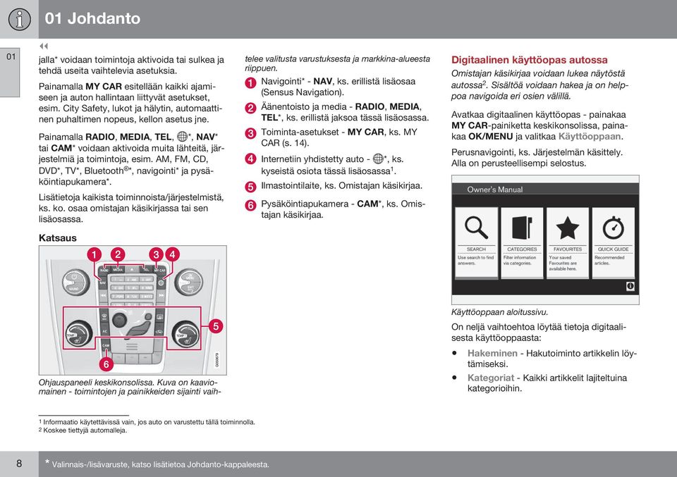 AM, FM, CD, DVD*, TV*, Bluetooth *, navigointi* ja pysäköintiapukamera*. Lisätietoja kaikista toiminnoista/järjestelmistä, ks. ko. osaa omistajan käsikirjassa tai sen lisäosassa.