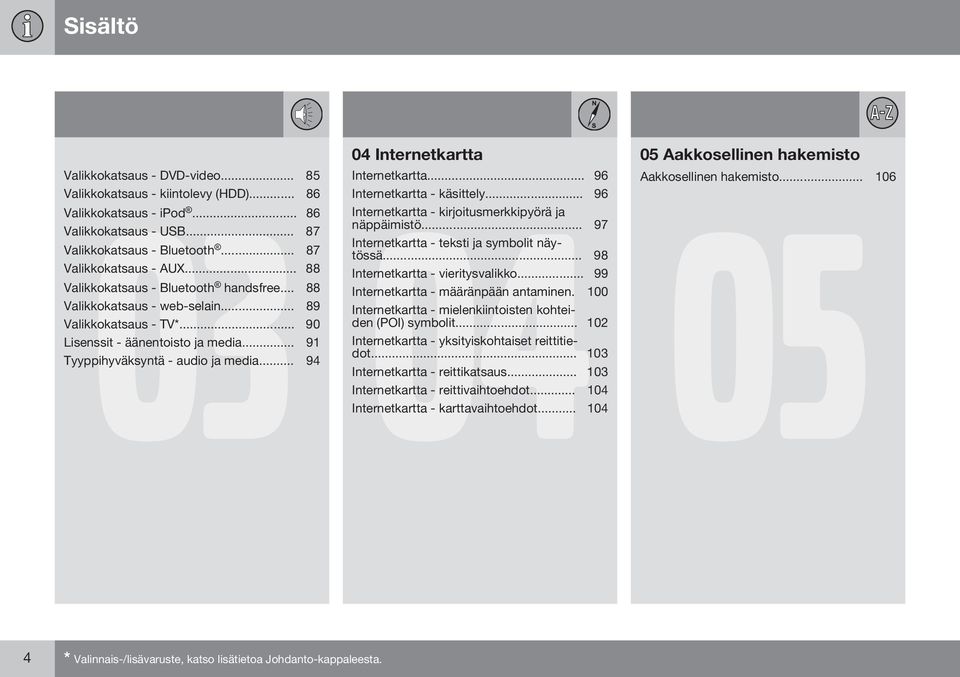 .. 90 Lisenssit - äänentoisto ja media... 91 04 Internetkartta 05 Aakkosellinen hakemisto Internetkartta... 96 Aakkosellinen hakemisto... 106 Internetkartta - käsittely.