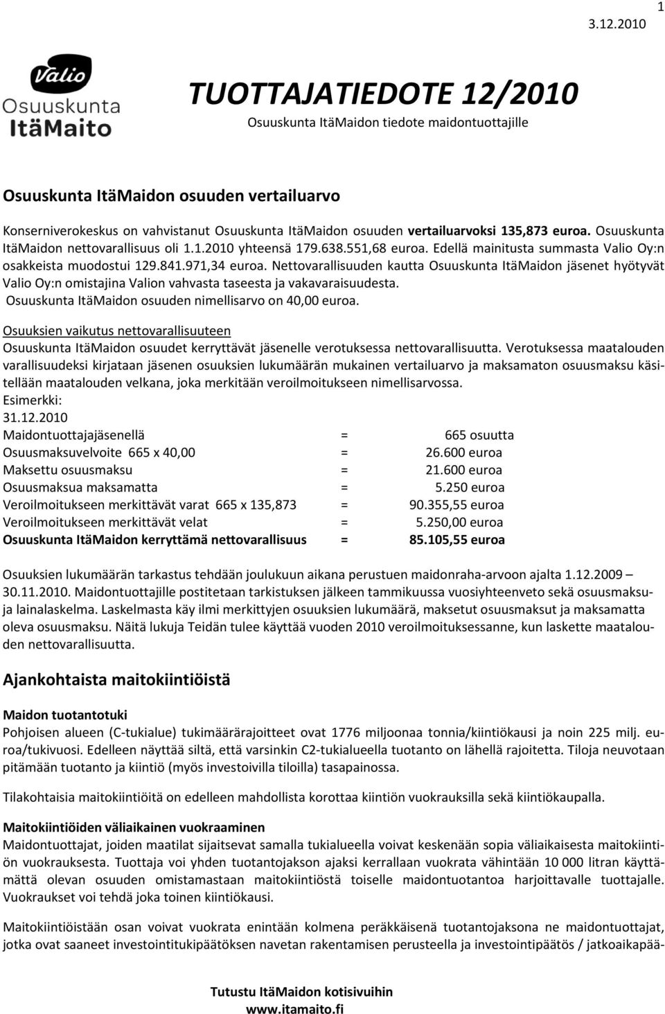 Nettovarallisuuden kautta Osuuskunta ItäMaidon jäsenet hyötyvät Valio Oy:n omistajina Valion vahvasta taseesta ja vakavaraisuudesta. Osuuskunta ItäMaidon osuuden nimellisarvo on 40,00 euroa.