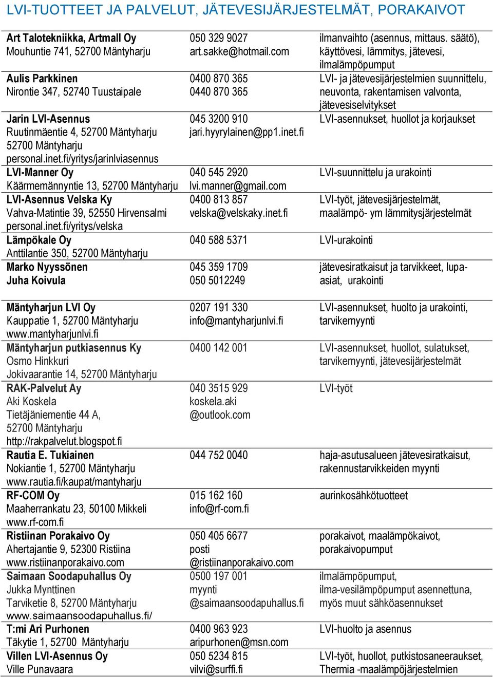 fi/yritys/jarinlviasennus LVI-Manner Oy Käärmemännyntie 13, 52700 Mäntyharju LVI-Asennus Velska Ky Vahva-Matintie 39, 52550 Hirvensalmi personal.inet.