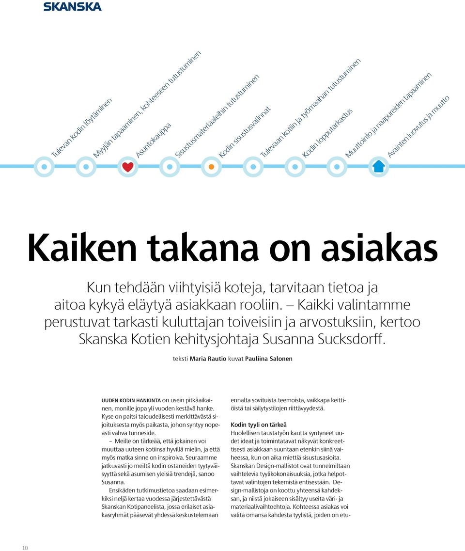 Kaikki valintamme perustuvat tarkasti kuluttajan toiveisiin ja arvostuksiin, kertoo Skanska Kotien kehitysjohtaja Susanna Sucksdorff.