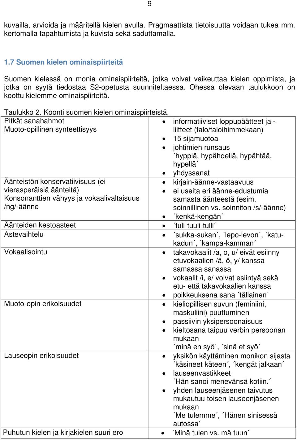 Ohessa olevaan taulukkoon on koottu kielemme ominaispiirteitä. Taulukko 2. Koonti suomen kielen ominaispiirteistä.