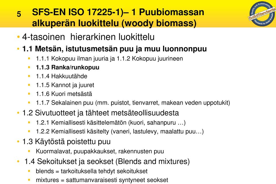 2 Sivutuotteet ja tähteet metsäteollisuudesta 1.2.1 Kemiallisesti käsittelemätön (kuori, sahanpuru ) 1.2.2 Kemiallisesti käsitelty (vaneri, lastulevy, maalattu puu ) 1.