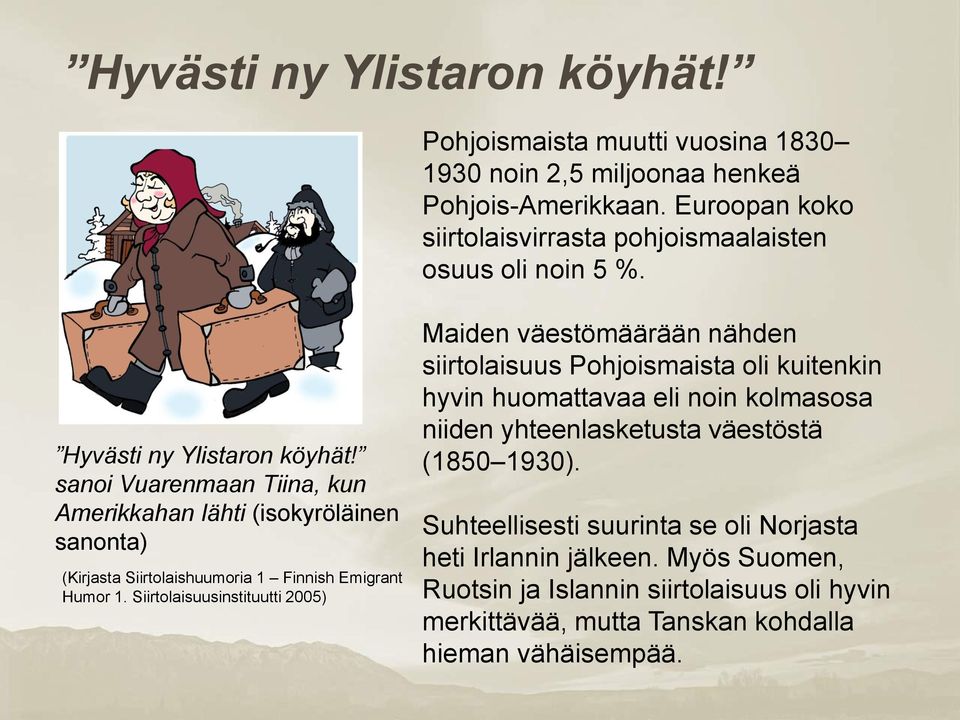 sanoi Vuarenmaan Tiina, kun Amerikkahan lähti (isokyröläinen sanonta) (Kirjasta Siirtolaishuumoria 1 Finnish Emigrant Humor 1.