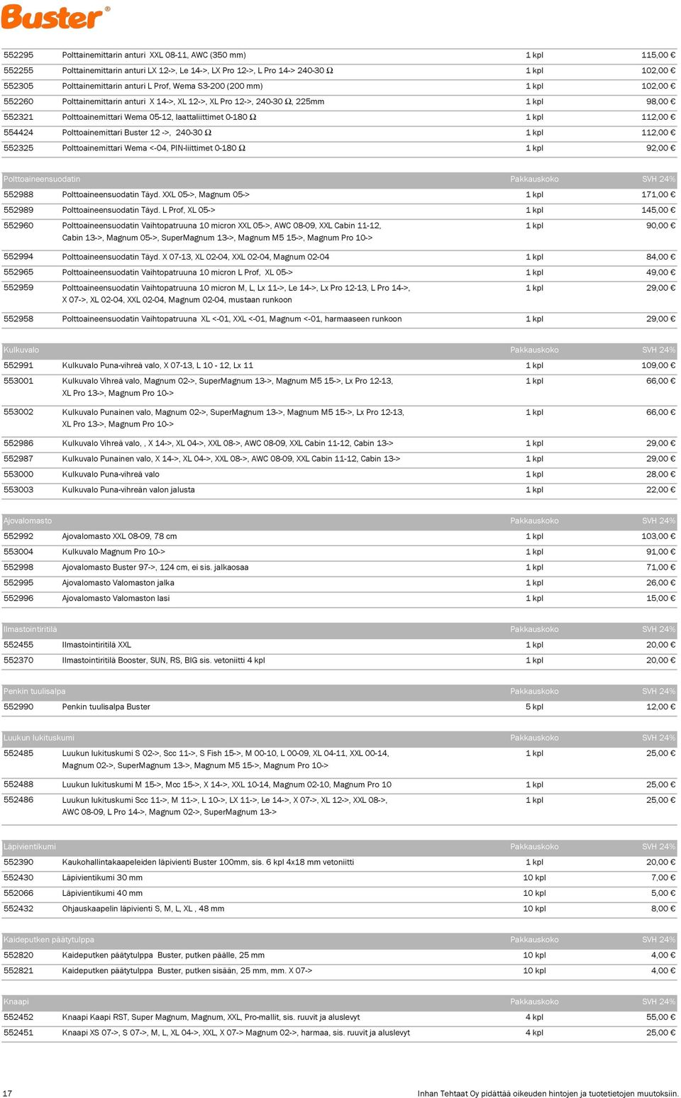 112,00 554424 Polttoainemittari Buster 12 ->, 240-30 Ω 1 kpl 112,00 552325 Polttoainemittari Wema <-04, PIN-liittimet 0-180 Ω 1 kpl 92,00 Polttoaineensuodatin Pakkauskoko SVH 24% 552988