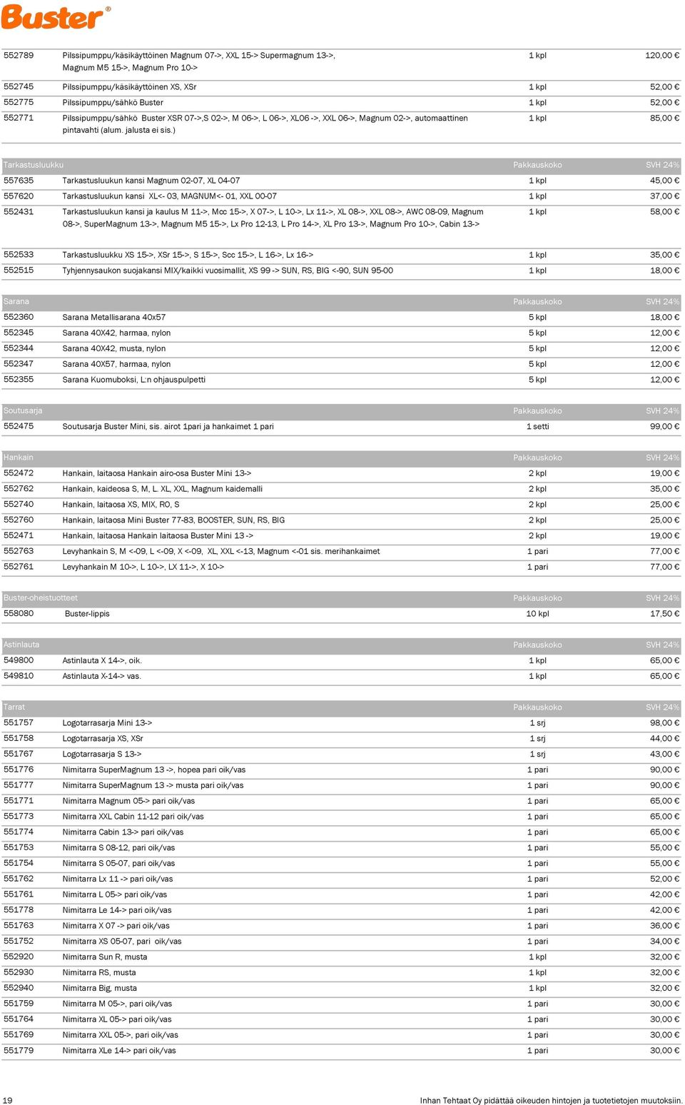 ) 1 kpl 85,00 Tarkastusluukku Pakkauskoko SVH 24% 557635 Tarkastusluukun kansi Magnum 02-07, XL 04-07 1 kpl 45,00 557620 Tarkastusluukun kansi XL<- 03, MAGNUM<- 01, XXL 00-07 1 kpl 37,00 552431