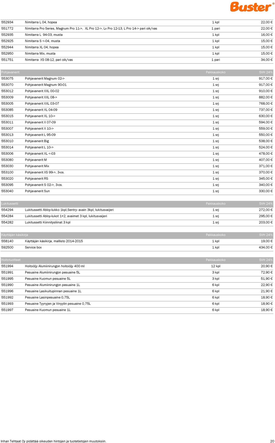 Pakkauskoko SVH 24% 553075 Pohjavanerit Magnum 02-> 1 srj 917,00 553070 Pohjavanerit Magnum 90-01 1 srj 917,00 553012 Pohjavanerit XXL 00-02 1 srj 910,00 553009 Pohjavanerit XXL 08-> 1 srj 882,00