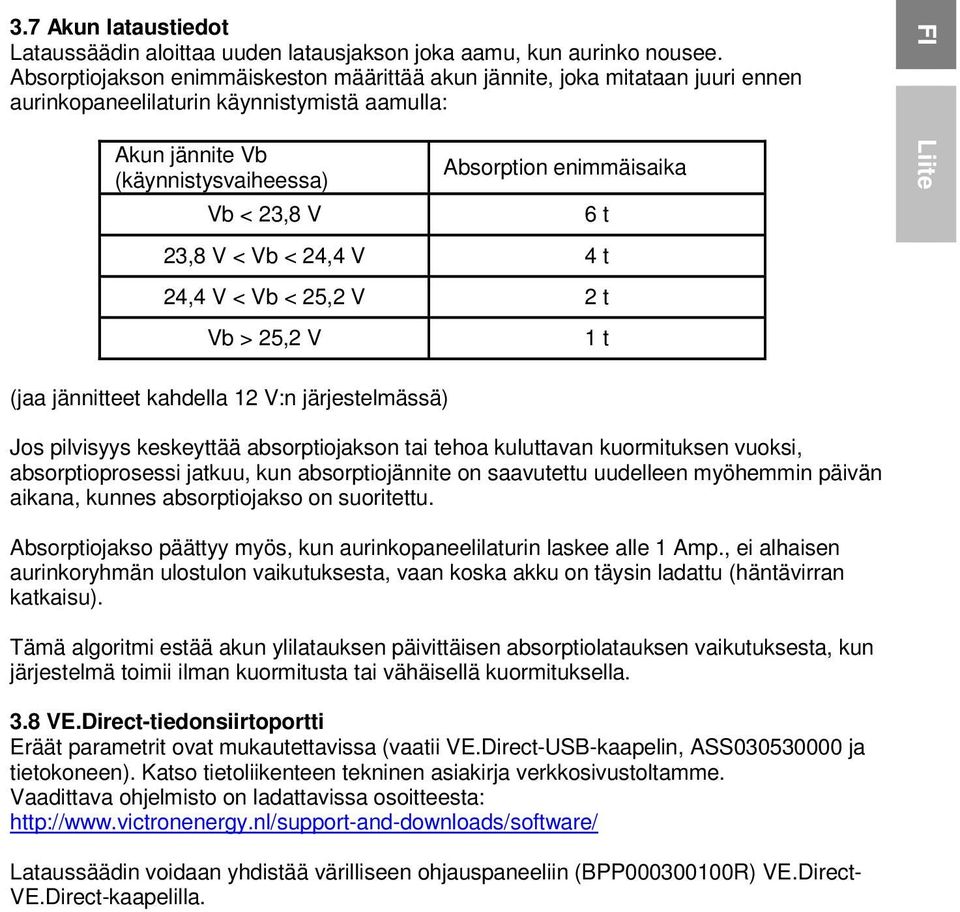 enimmäisaika 6 t 23,8 V < Vb < 24,4 V 4 t 24,4 V < Vb < 25,2 V 2 t Vb > 25,2 V 1 t FI Liite (jaa jännitteet kahdella 12 V:n järjestelmässä) Jos pilvisyys keskeyttää absorptiojakson tai tehoa