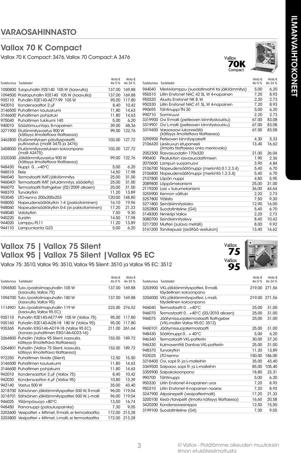 6,20 940010 Säästömuuntaja, 8-napainen 39,00 48,36 3271900 Etulämmitysvastus 900 W 99,00 122,76 3462800 Etulämmityksen päivityspaketti, 103,00 127,72 putkivastus (mallit 3475 ja 3476) 3458000