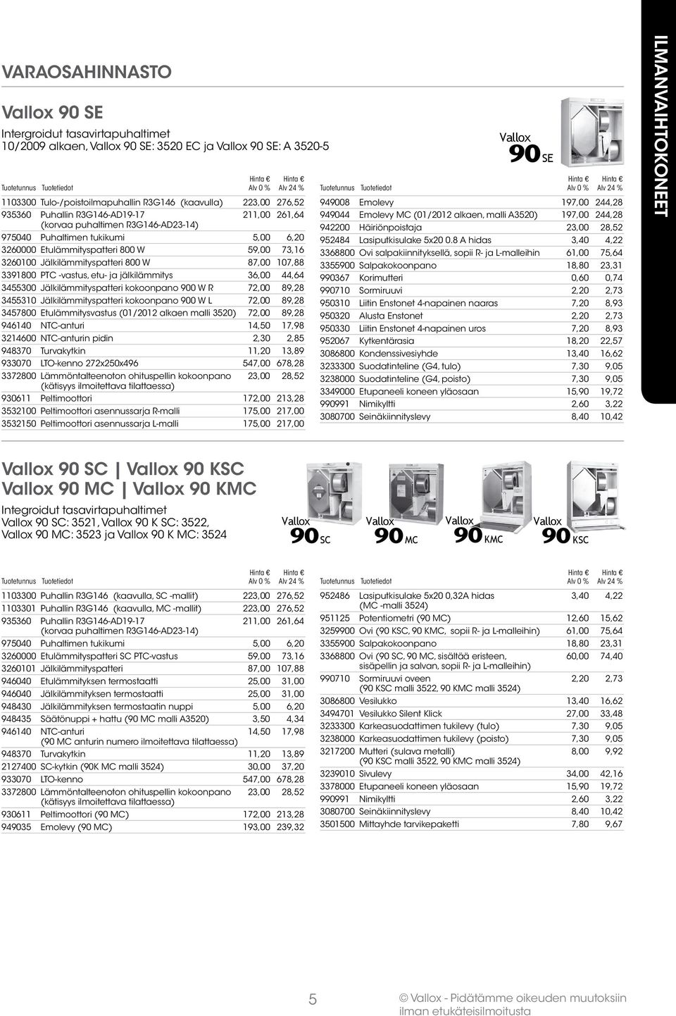 3391800 PTC -vastus, etu- ja jälkilämmitys 36,00 44,64 3455300 Jälkilämmityspatteri kokoonpano 900 W R 72,00 89,28 3455310 Jälkilämmityspatteri kokoonpano 900 W L 72,00 89,28 3457800