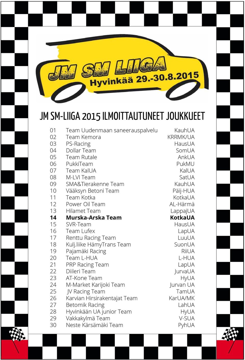 liike HämyTrans Team Pajamäki Racing Team L-HUA PRP Racing Team Diileri Team AT-Kone Team M-Market Karijoki Team JV Racing Team Karvian Hirsirakentajat Team Betomik Racing Hyvinkään UA junior Team