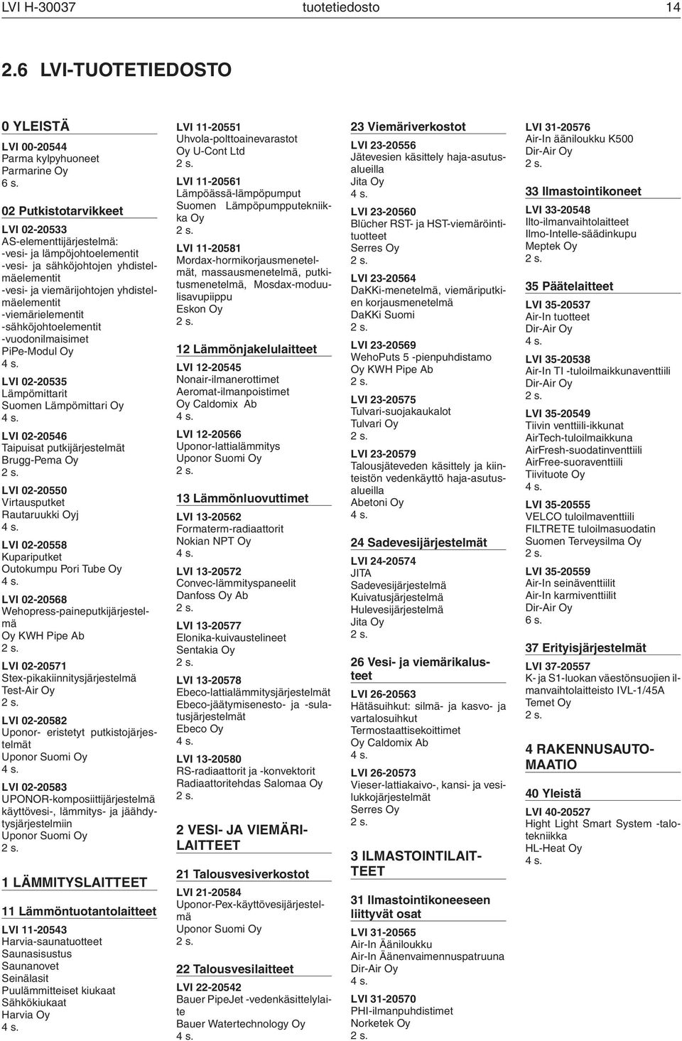 -sähköjohtoelementit -vuodonilmaisimet PiPe-Modul Oy 4 s. LVI 02-20535 Lämpömittarit Suomen Lämpömittari Oy 4 s. LVI 02-20546 Taipuisat putkijärjestelmät Brugg-Pema Oy 2 s.