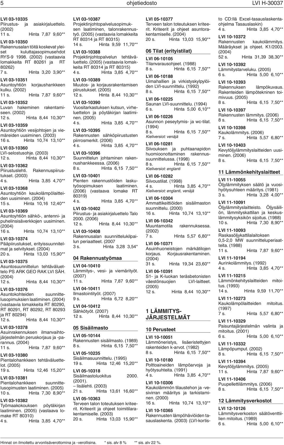 (2002) 12 s. Hinta 8,44 10,30** LVI 03-10359 Asuntoyhtiön vesijohtojen ja viemäreiden uusiminen. (2003) 16 s. Hinta 10,74 13,10** LVI 03-10360 LVI-selostusohje. (2003) 12 s.