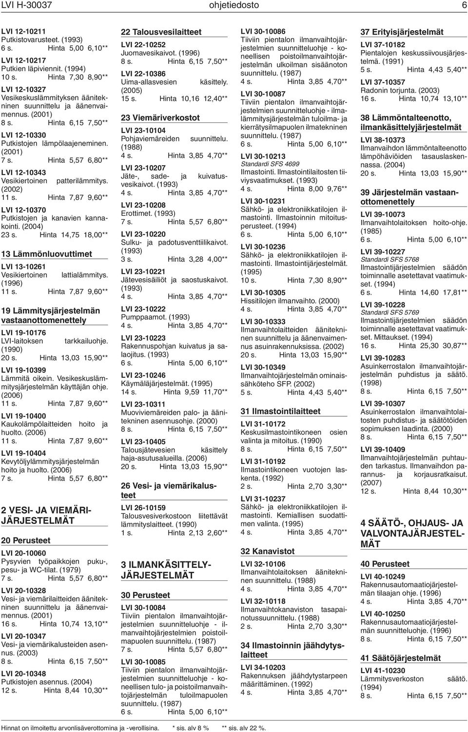 Hinta 5,57 6,80** LVI 12-10343 Vesikiertoinen patterilämmitys. (2002) 11 s. Hinta 7,87 9,60** LVI 12-10370 Putkistojen ja kanavien kannakointi. (2004) 23 s.