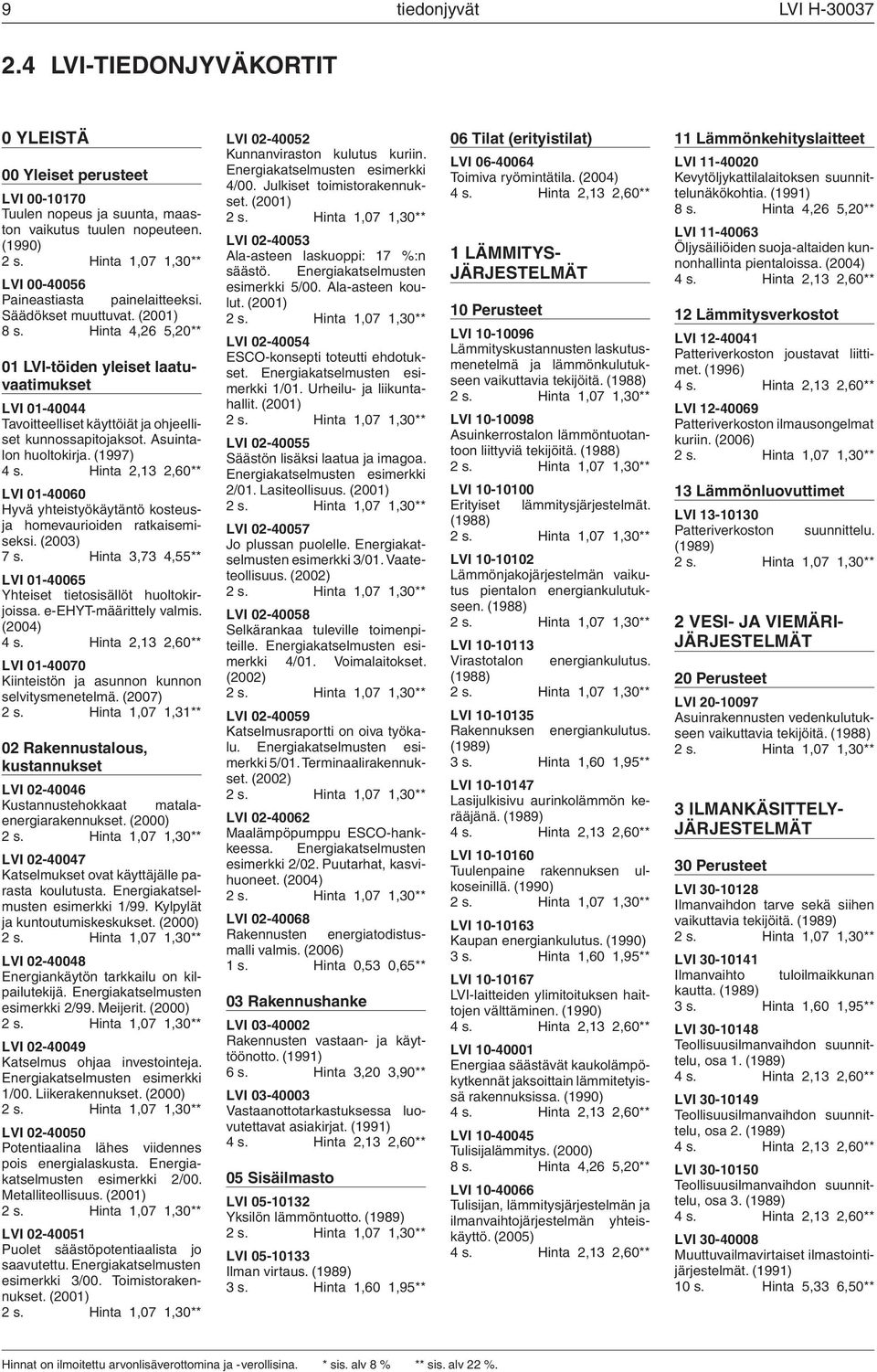 Hinta 4,26 5,20** 01 LVI-töiden yleiset laatuvaatimukset LVI 01-40044 Tavoitteelliset käyttöiät ja ohjeelliset kunnossapitojaksot. Asuintalon huoltokirja.