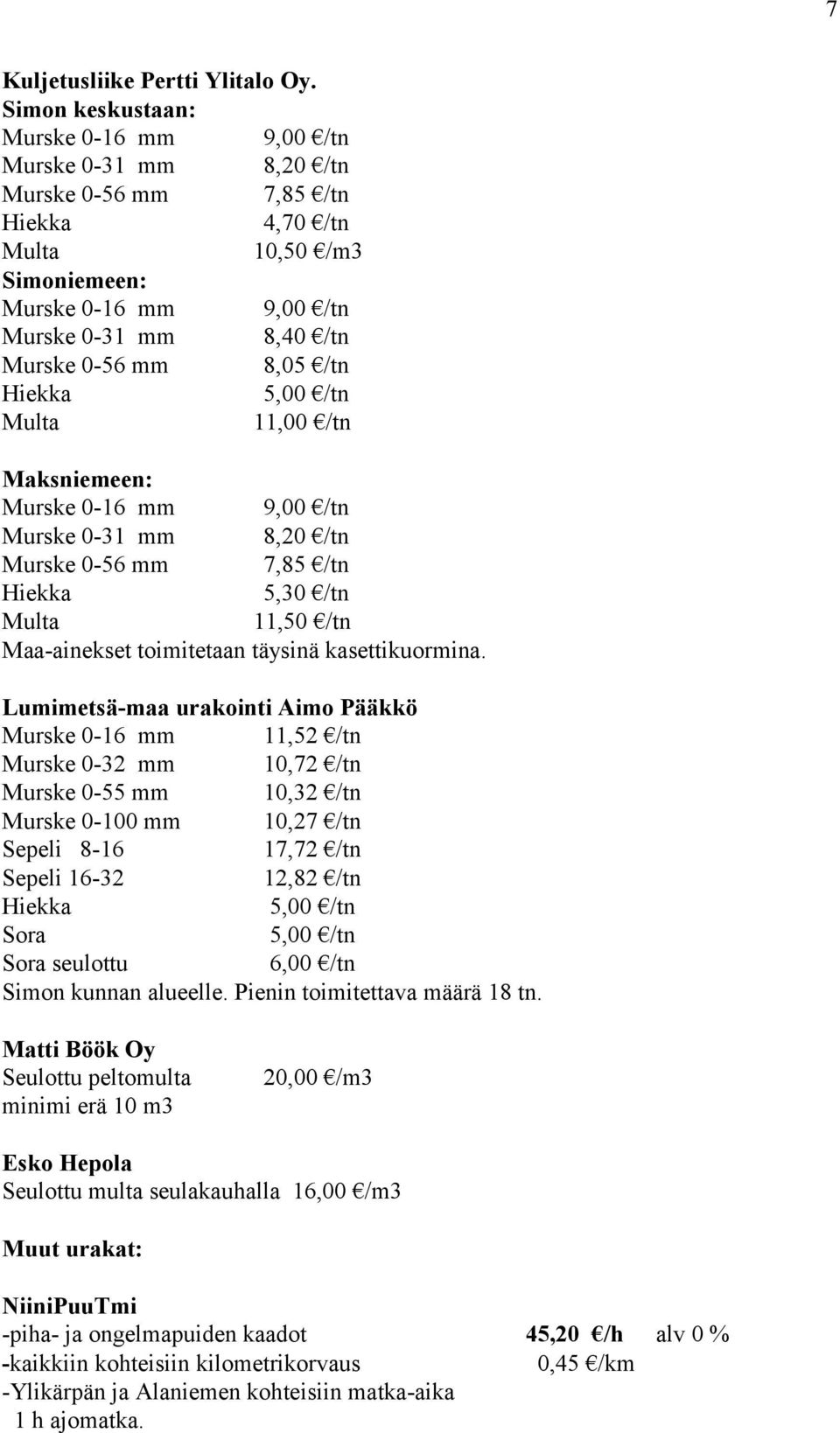 5,00 /tn Multa 11,00 /tn Maksniemeen: Murske 0-16 mm 9,00 /tn Murske 0-31 mm 8,20 /tn Murske 0-56 mm 7,85 /tn 5,30 /tn Multa 11,50 /tn Maa-ainekset toimitetaan täysinä kasettikuormina.