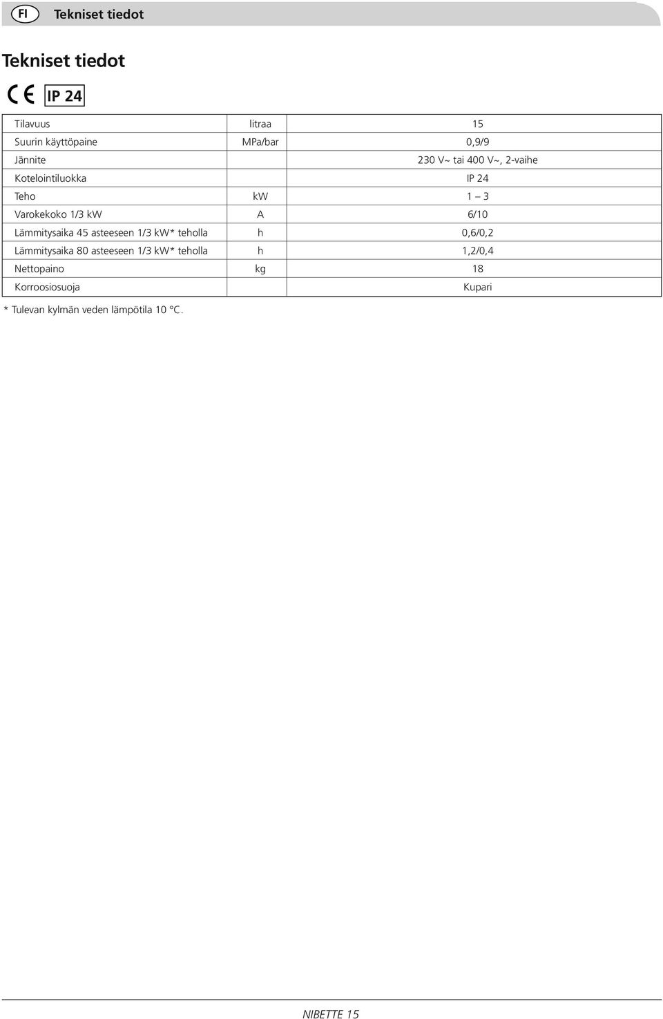 6/10 Lämmitysaika 45 asteeseen 1/3 kw* teholla h 0,6/0,2 Lämmitysaika 80 asteeseen 1/3 kw*