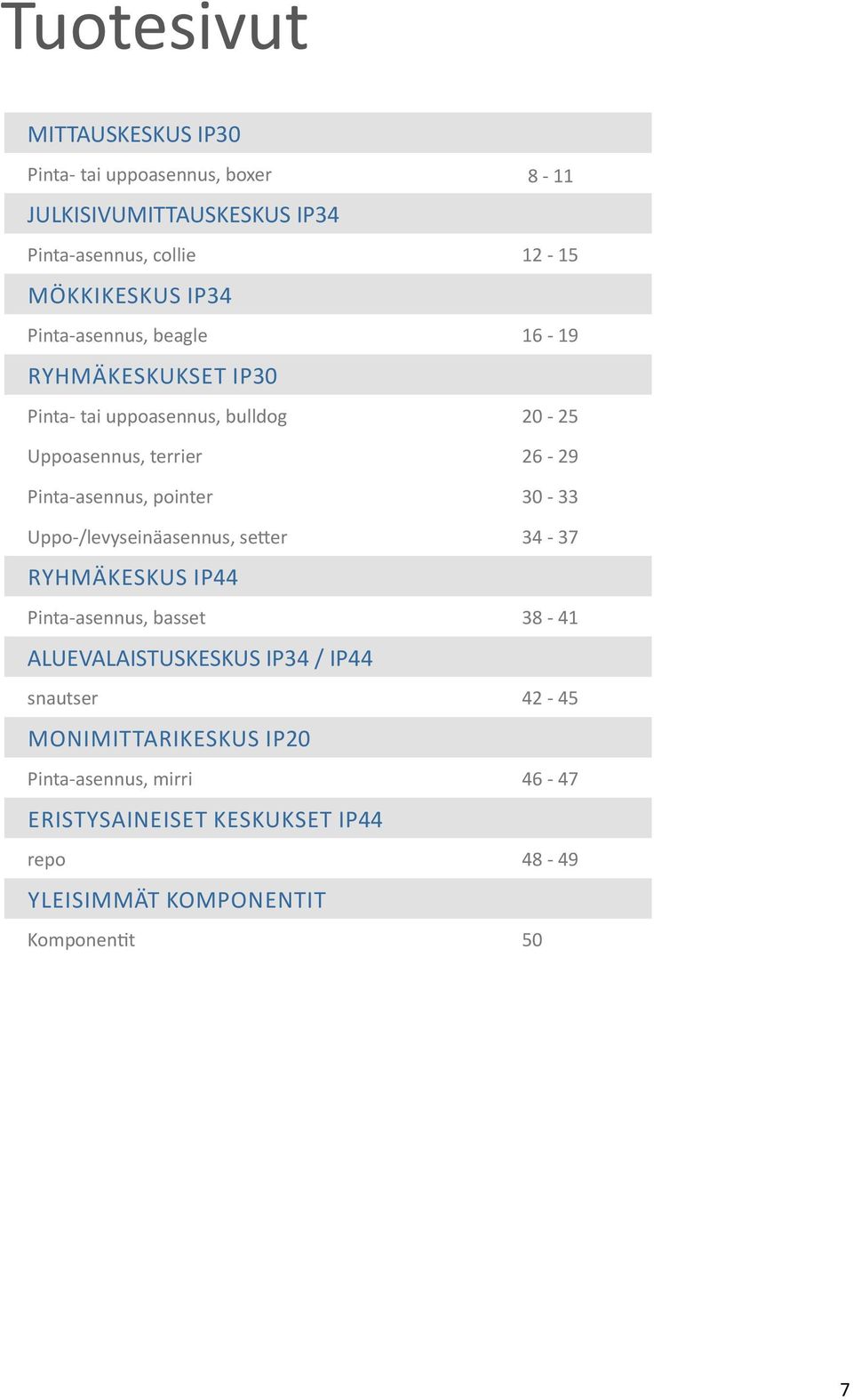 pointer 30-33 Uppo-/levyseinäasennus, setter 34-37 Ryhmäkeskus IP44 Pinta-asennus, basset 38-41 ALUEVALAISTUSKESKUS IP34 / IP44