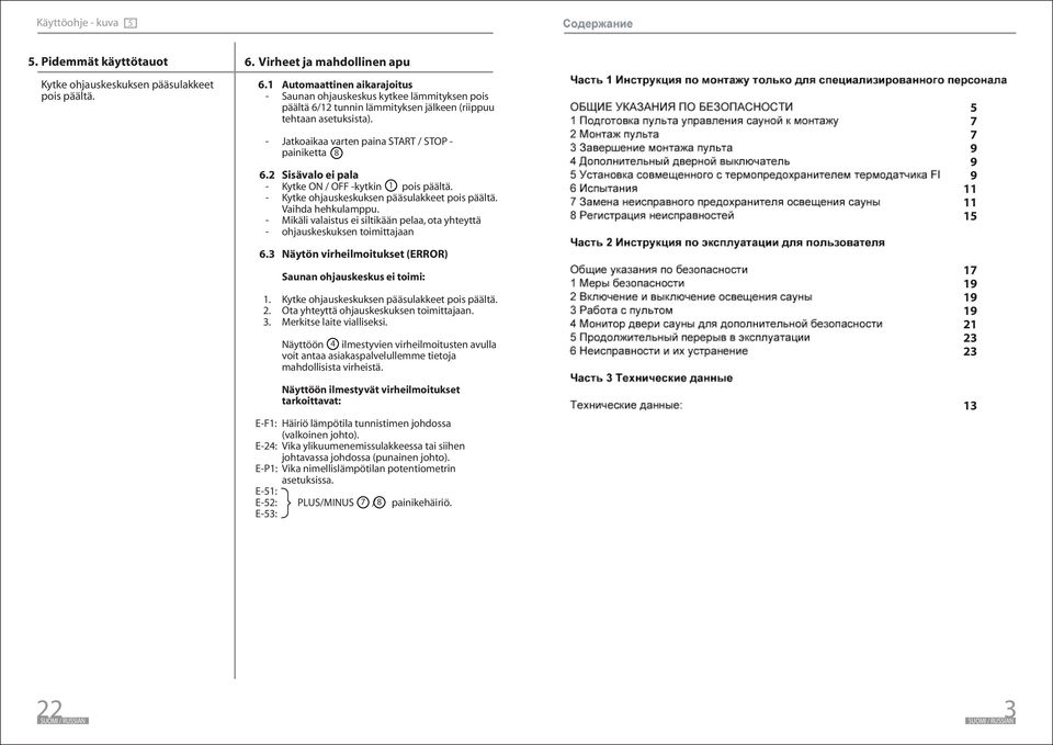 Jatkoaikaa varten paina START / STOP painiketta Sisävalo ei pala Kytke ON / OFF kytkin pois päältä. Kytke ohjauskeskuksen pääsulakkeet pois päältä. Vaihda hehkulamppu.