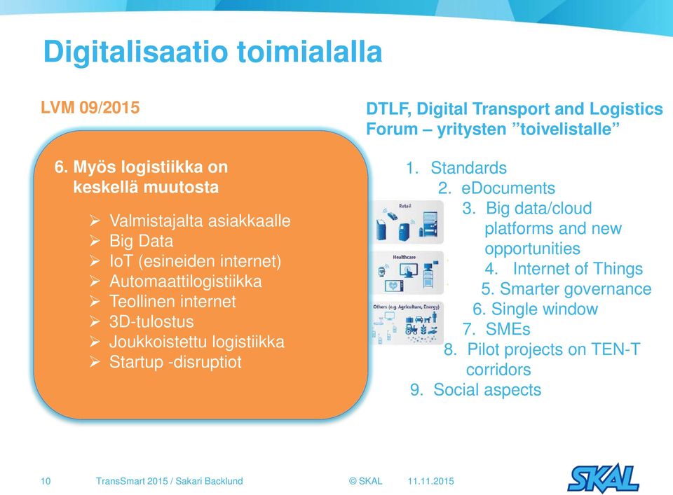 Perusinfrastruktuuri 3D-tulostus Joukkoistettu logistiikka 6. Startup Myös logistiikka -disruptiot on keskellä muutosta DTLF, Digital Transport and Logistics Forum yritysten toivelistalle 1.