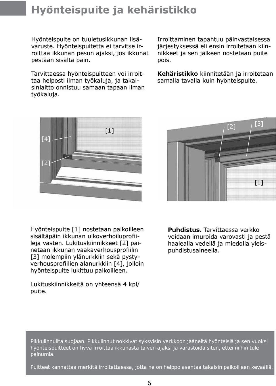 Irroittaminen tapahtuu päinvastaisessa järjestyksessä eli ensin irroitetaan kiinnikkeet ja sen jälkeen nostetaan puite pois.