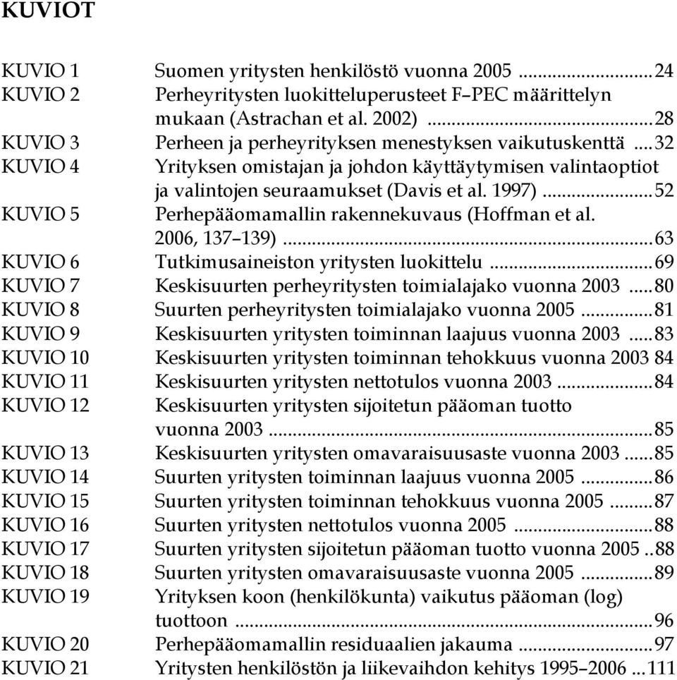 ..52 KUVIO 5 Perhepääomamallin rakennekuvaus (Hoffman et al. 2006, 137 139)...63 KUVIO 6 Tutkimusaineiston yritysten luokittelu...69 KUVIO 7 Keskisuurten perheyritysten toimialajako vuonna 2003.