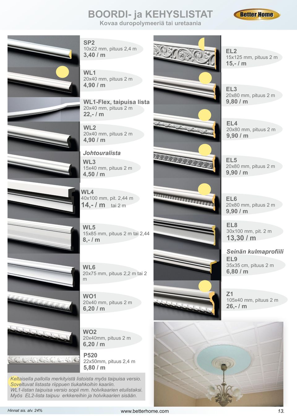 / m WL4 40x100 mm, pit. 2,44 m 14,- / m tai 2 m EL6 20x80 mm, pituus 2 m 9,90 / m EL8 WL5 15x85 mm, pituus 2 m tai 2,44 8,- / m 30x100 mm, pit.