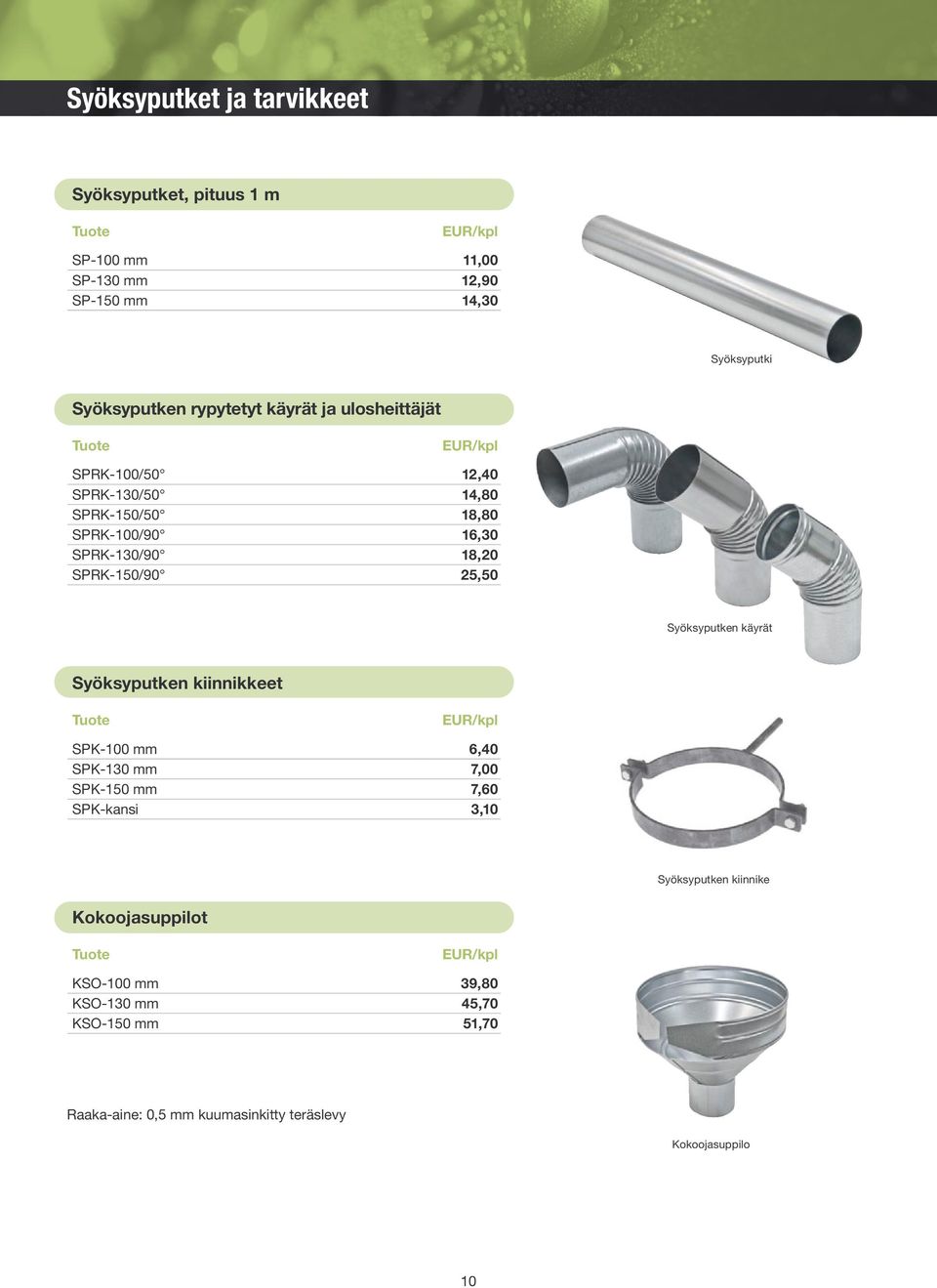 SPRK-150/90 25,50 Syöksyputken käyrät Syöksyputken kiinnikkeet SPK-100 mm 6,40 SPK-130 mm 7,00 SPK-150 mm 7,60 SPK-kansi 3,10