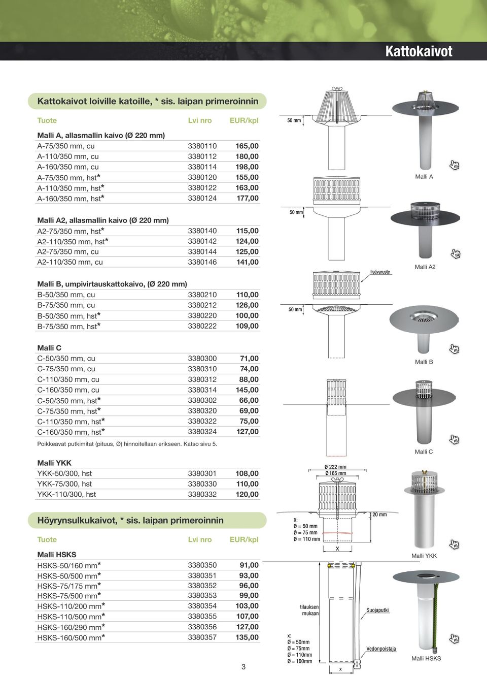 A-110/350 mm, hst* 3380122 163,00 A-160/350 mm, hst* 3380124 177,00 Malli A Malli A2, allasmallin kaivo (Ø 220 mm) A2-75/350 mm, hst* 3380140 115,00 A2-110/350 mm, hst* 3380142 124,00 A2-75/350 mm,