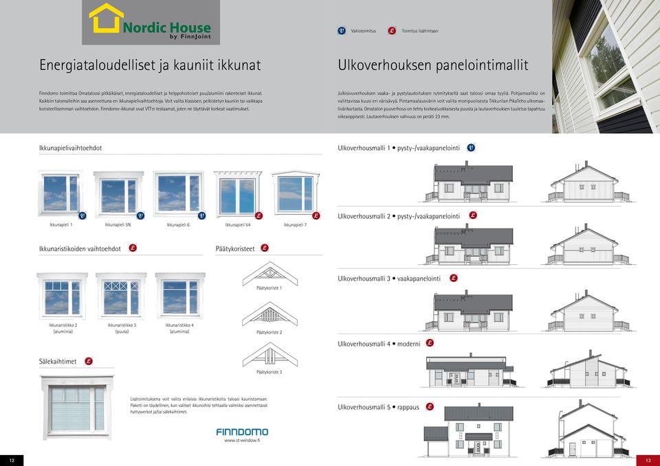 Finndomo-ikkunat ovat VTT:n testaamat, joten ne täyttävät korkeat vaatimukset. Julkisivuverhouksen vaaka- ja pystylaudoituksen rytmityksellä saat taloosi omaa tyyliä.
