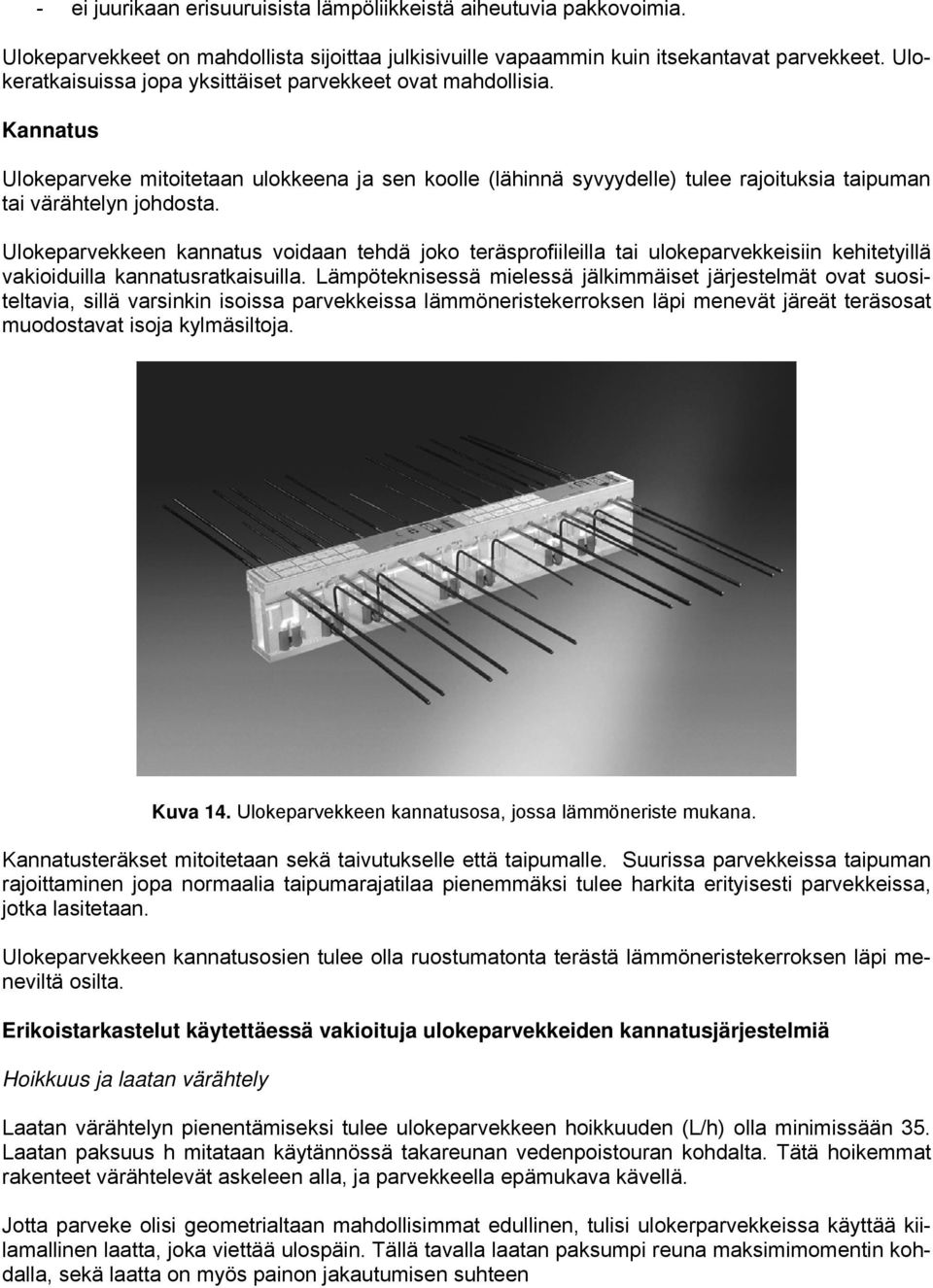 Ulokeparvekkeen kannatus voidaan tehdä joko teräsprofiileilla tai ulokeparvekkeisiin kehitetyillä vakioiduilla kannatusratkaisuilla.