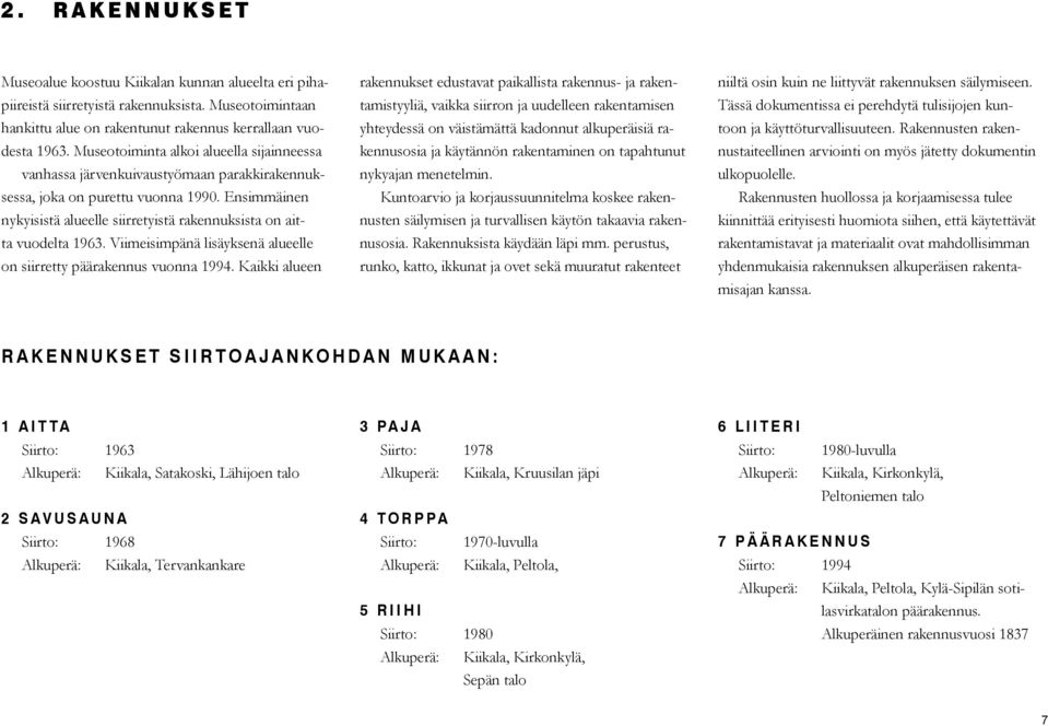 Ensimmäinen nykyisistä alueelle siirretyistä rakennuksista on aitta vuodelta 1963. Viimeisimpänä lisäyksenä alueelle on siirretty päärakennus vuonna 1994.