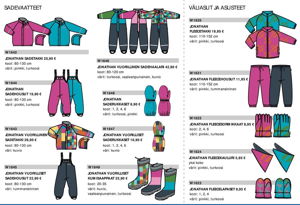 SADEHAALAI 42,90 koot: 80-120 cm turkoosi, vaaleanpunainen, kuvio W1648 SADEUKKASET 8,90 koot: 1, 2, 4, 6 turkoosi, pinkki W1647 VUOILLISET SADEUKKASET 10,90 koot: 1, 2, 4, 6 väri: kuvio VUOILLISET