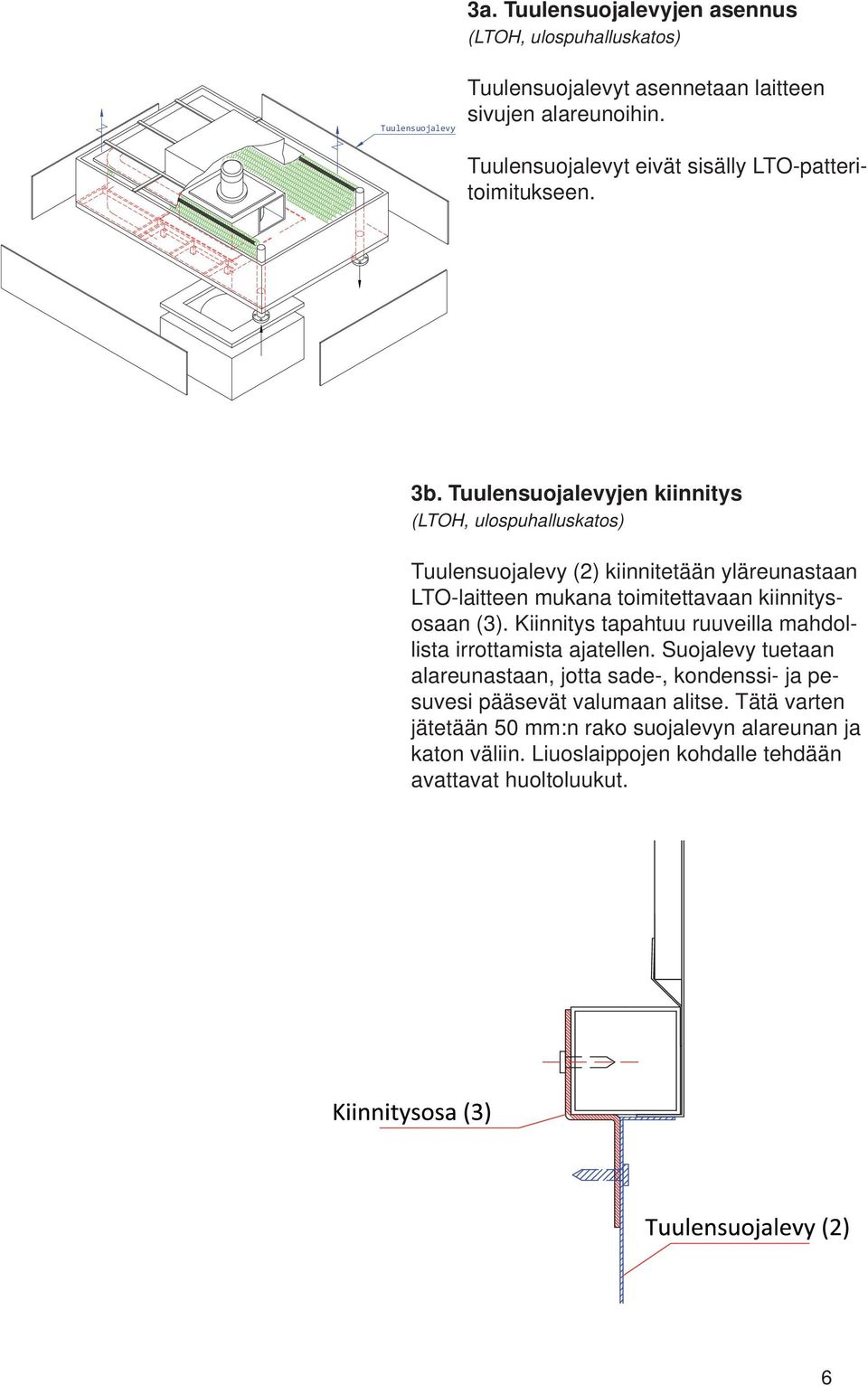 Tuulensuojalevyjen kiinnitys (LTOH, ulospuhalluskatos) Tuulensuojalevy (2) kiinnitetään yläreunastaan LTO-laitteen mukana toimitettavaan kiinnitysosaan (3).