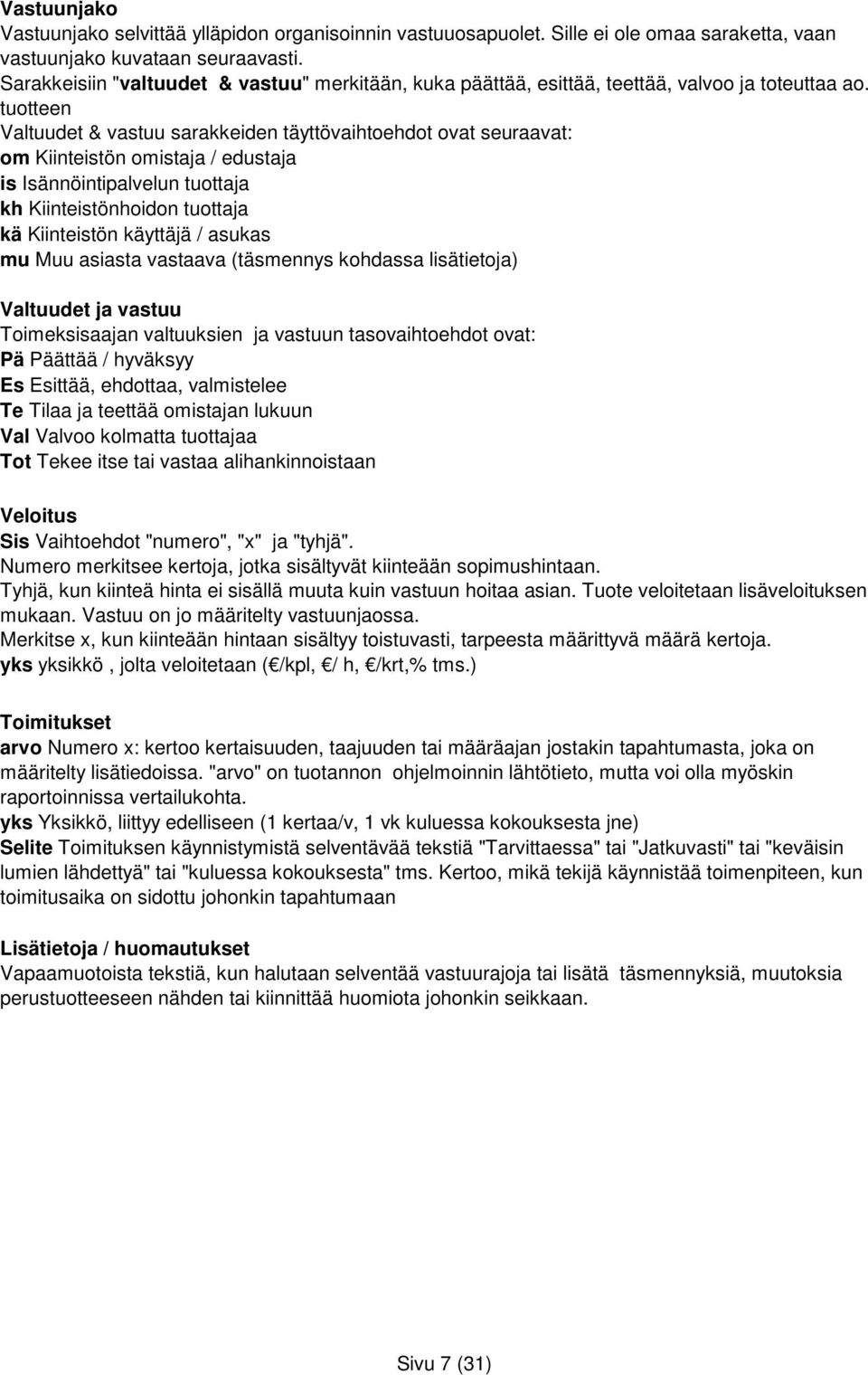 tuotteen Valtuudet & vastuu sarakkeiden täyttövaihtoehdot ovat seuraavat: om Kiinteistön omistaja / edustaja is Isännöintipalvelun tuottaja kh Kiinteistönhoidon tuottaja kä Kiinteistön käyttäjä /