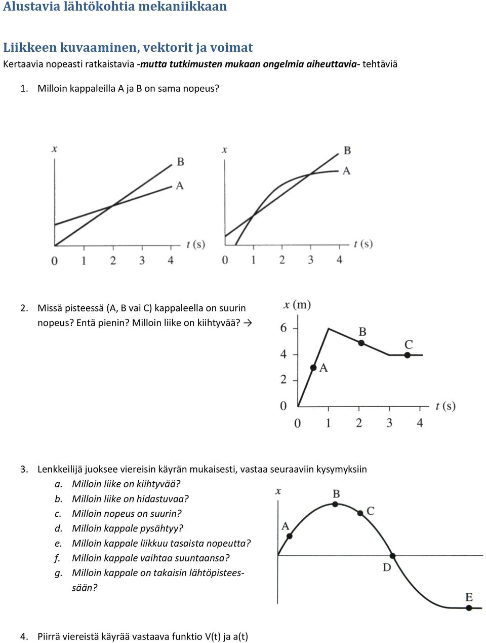 Lenkkeilijä juoksee viereisin käyrän mukaisesti, vastaa seuraaviin kysymyksiin a. Milloin liike on kiihtyvää? b. Milloin liike on hidastuvaa? c. Milloin nopeus on suurin? d.