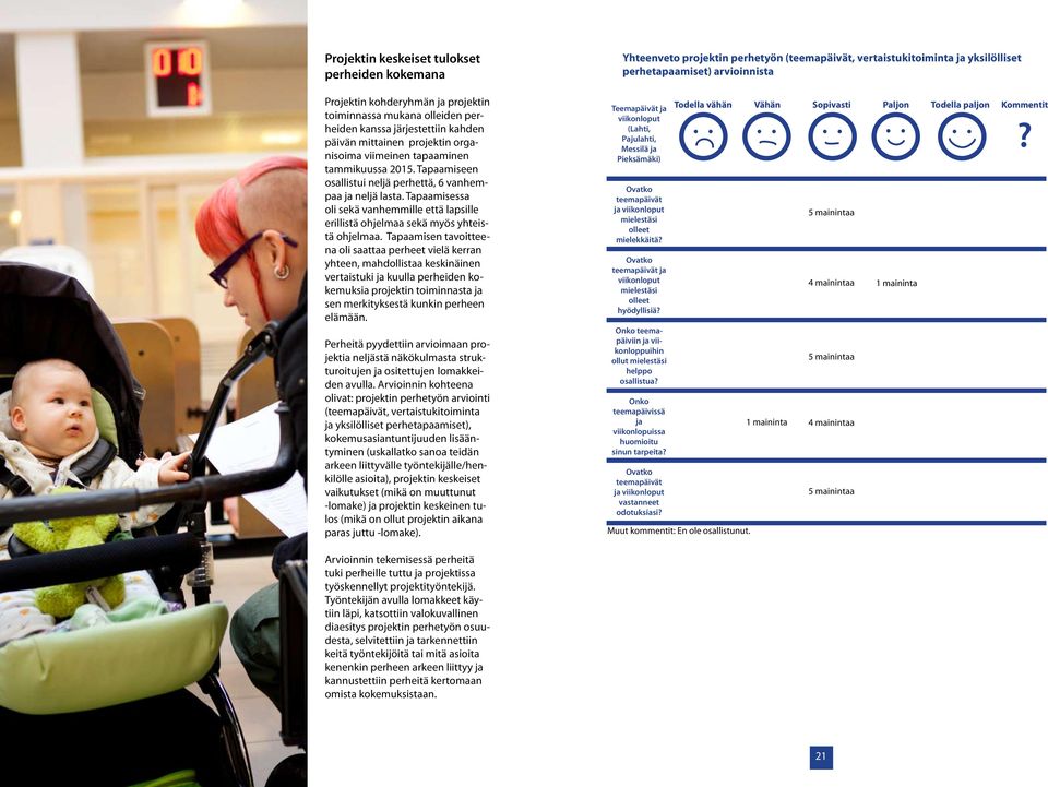 Tapaamisen tavoitteena oli saattaa perheet vielä kerran yhteen, mahdollistaa keskinäinen vertaistuki ja kuulla perheiden kokemuksia projektin toiminnasta ja sen merkityksestä kunkin perheen elämään.