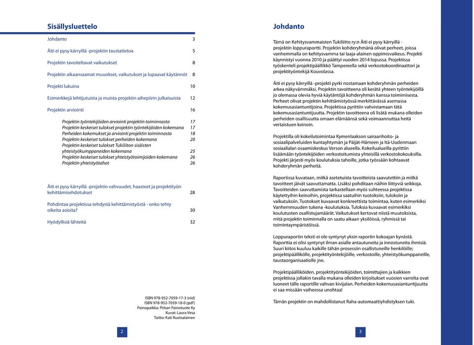 työntekijöiden kokemana 17 Perheiden kokemukset ja arviointi projektin toiminnasta 18 Projektin keskeiset tulokset perheiden kokemana 20 Projektin keskeiset tulokset Tukiliiton sisäisten