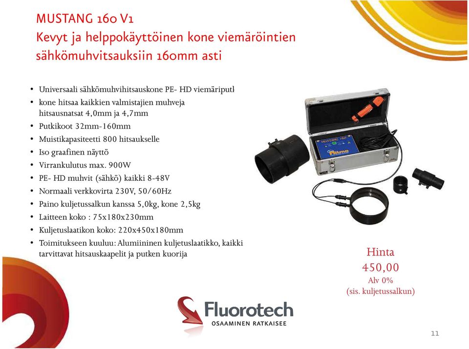 900W PE- HD muhvit (sähkö) kaikki 8-48V Normaali verkkovirta 230V, 50/60Hz Paino kuljetussalkun kanssa 5,0kg, kone 2,5kg Laitteen koko : 75x180x230mm