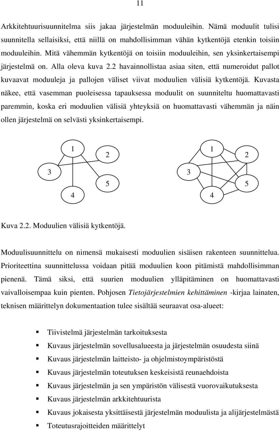 2 havainnollistaa asiaa siten, että numeroidut pallot kuvaavat moduuleja ja pallojen väliset viivat moduulien välisiä kytkentöjä.