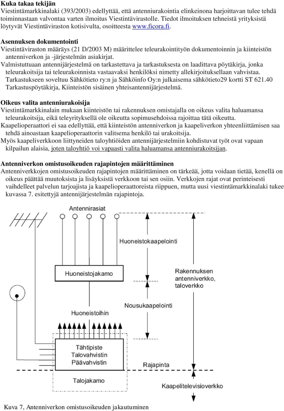 ora.fi. Asennuksen dokumentointi Viestintäviraston määräys (21 D/2003 M) määrittelee teleurakointityön dokumentoinnin ja kiinteistön antenniverkon ja -järjestelmän asiakirjat.