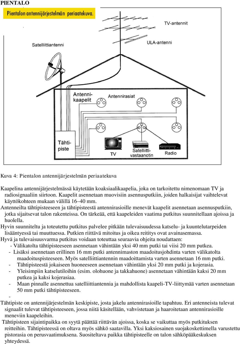 Antenneilta tähtipisteeseen ja tähtipisteestä antennirasioille menevät kaapelit asennetaan asennusputkiin, jotka sijaitsevat talon rakenteissa.