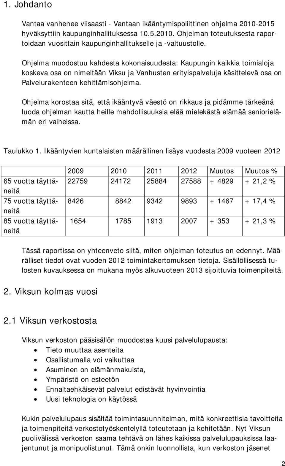 Ohjelma korostaa sitä, että ikääntyvä väestö on rikkaus ja pidämme tärkeänä luoda ohjelman kautta heille mahdollisuuksia elää mielekästä elämää seniorielämän eri vaiheissa. Taulukko 1.