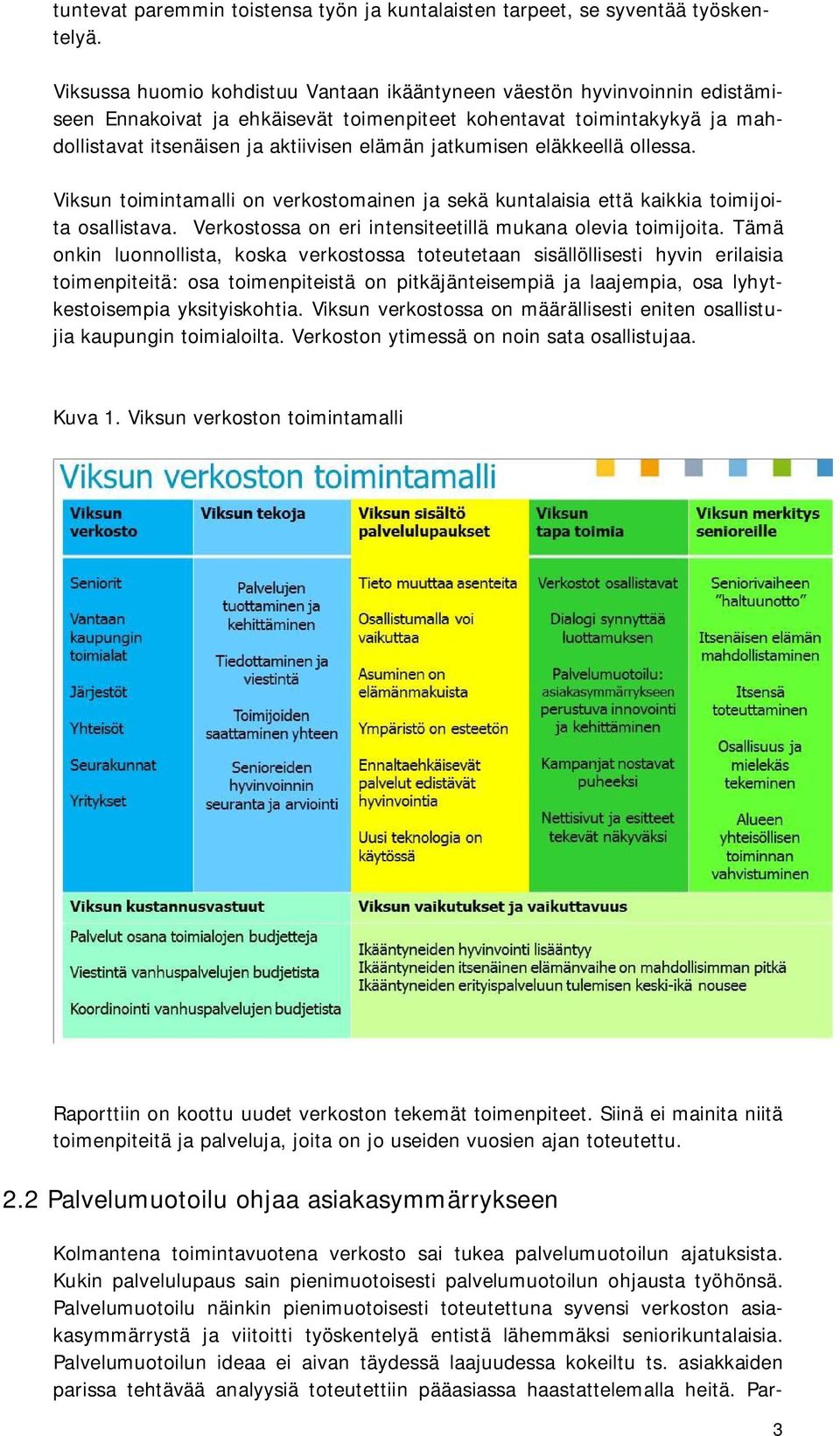 jatkumisen eläkkeellä ollessa. Viksun toimintamalli on verkostomainen ja sekä kuntalaisia että kaikkia toimijoita osallistava. Verkostossa on eri intensiteetillä mukana olevia toimijoita.