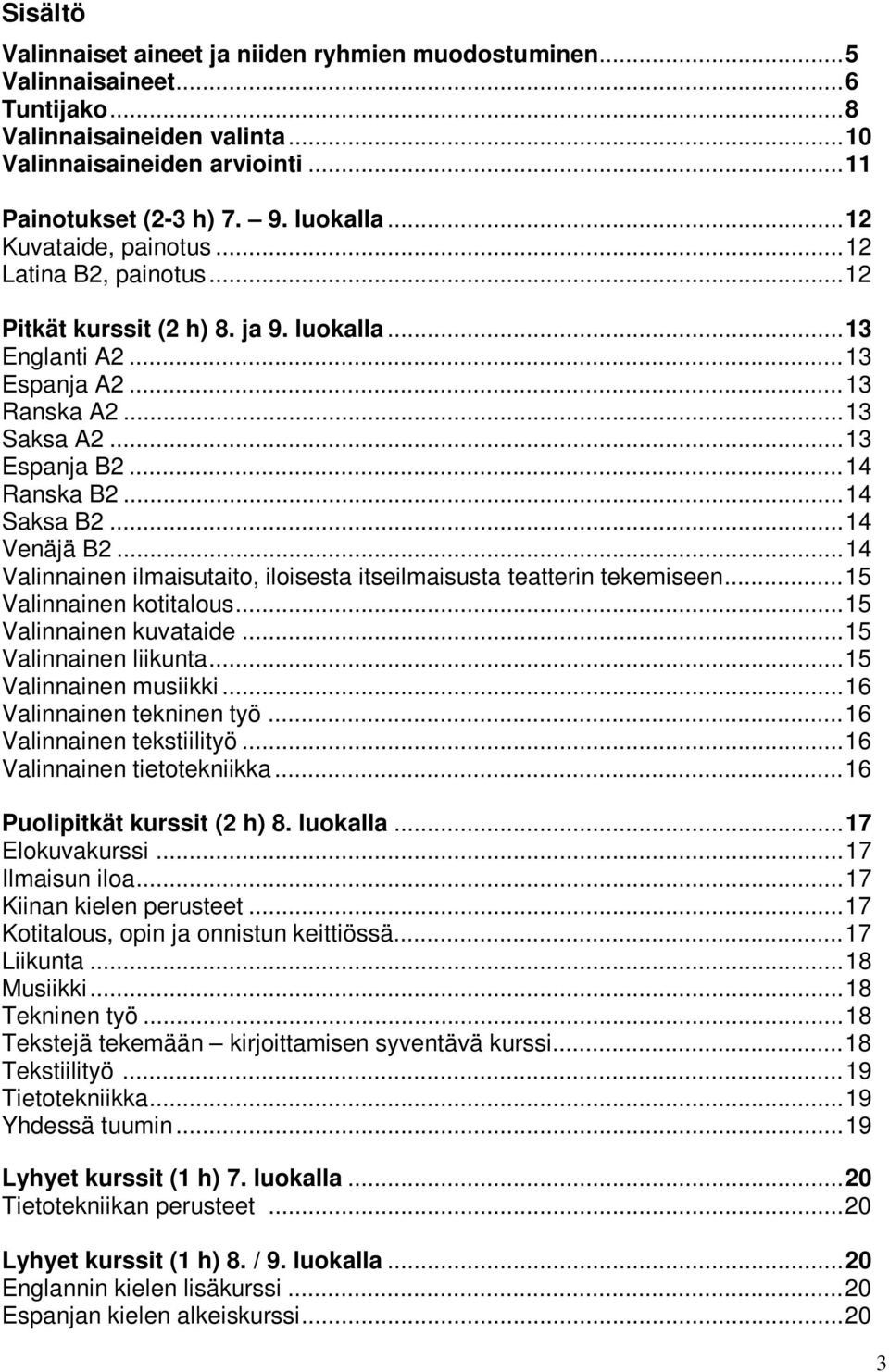 .. 14 Saksa B2... 14 Venäjä B2... 14 Valinnainen ilmaisutaito, iloisesta itseilmaisusta teatterin tekemiseen... 15 Valinnainen kotitalous... 15 Valinnainen kuvataide... 15 Valinnainen liikunta.