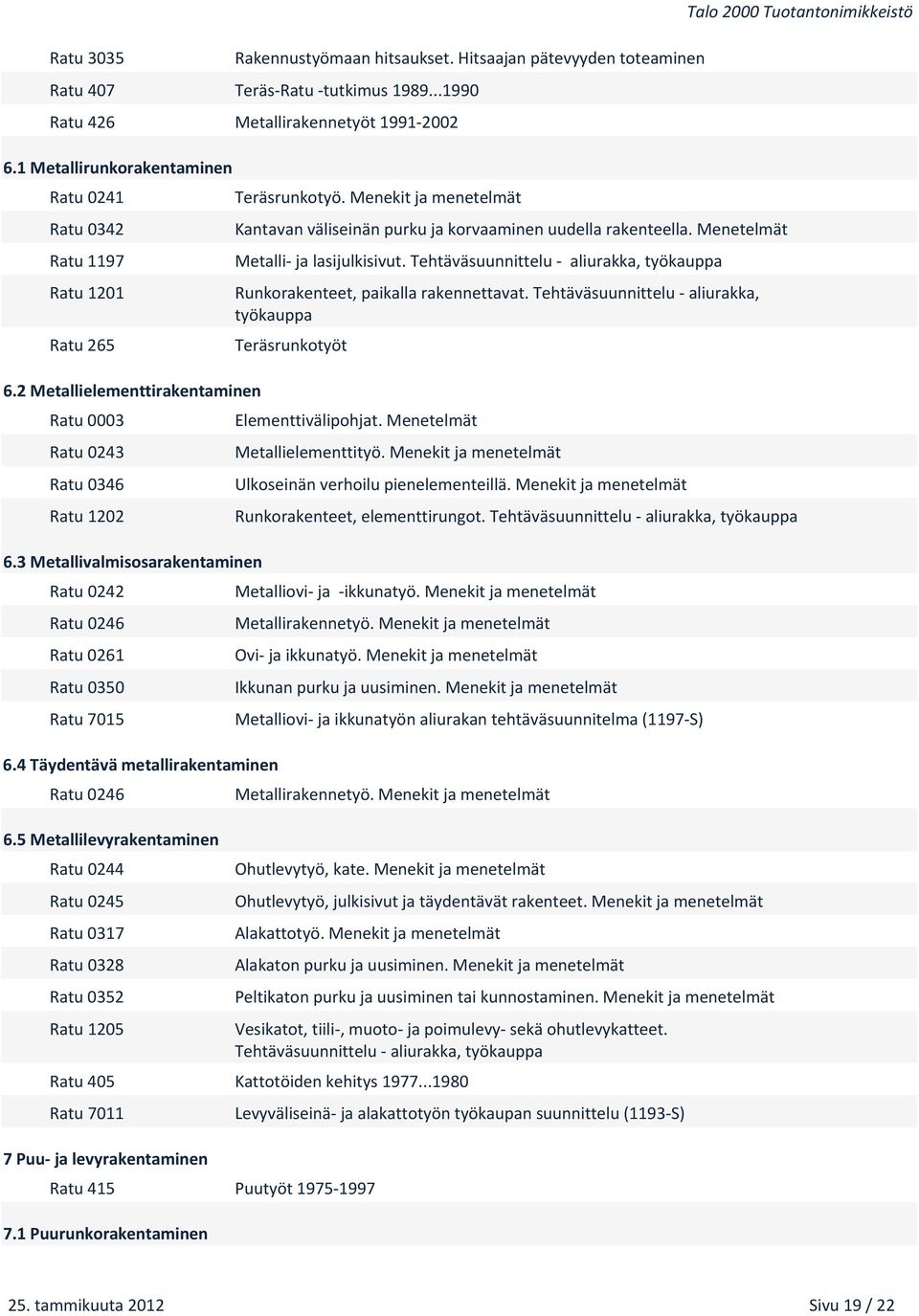 Menetelmät Metalli ja lasijulkisivut. Tehtäväsuunnittelu aliurakka, työkauppa Runkorakenteet, paikalla rakennettavat. Tehtäväsuunnittelu aliurakka, työkauppa Teräsrunkotyöt 6.