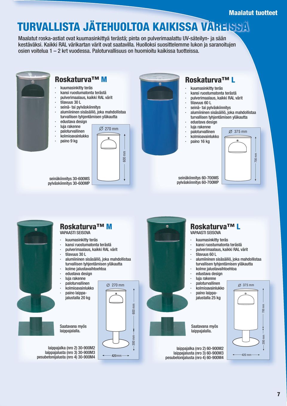 Maalatut tuotteet Roskaturva M kuumasinkitty teräs kansi ruostumatonta terästä tilavuus 30 L paino 9 kg Roskaturva L kuumasinkitty teräs kansi ruostumatonta terästä tilavuus 60 L paino 16 kg