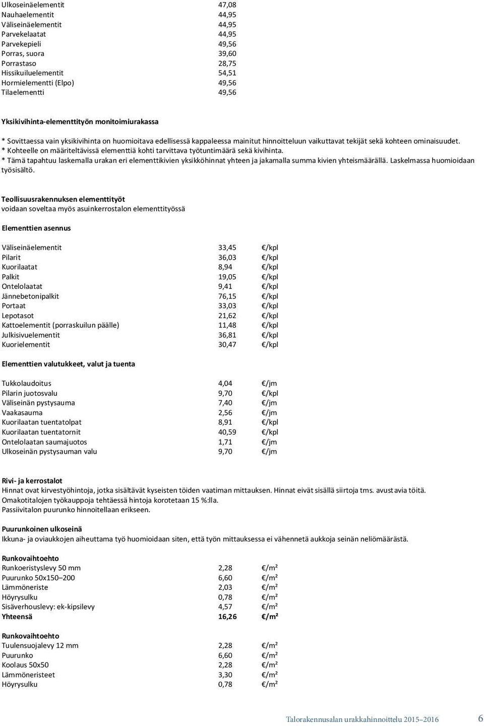 ominaisuudet. * Kohteelle on määriteltävissä elementtiä kohti tarvittava työtuntimäärä sekä kivihinta.