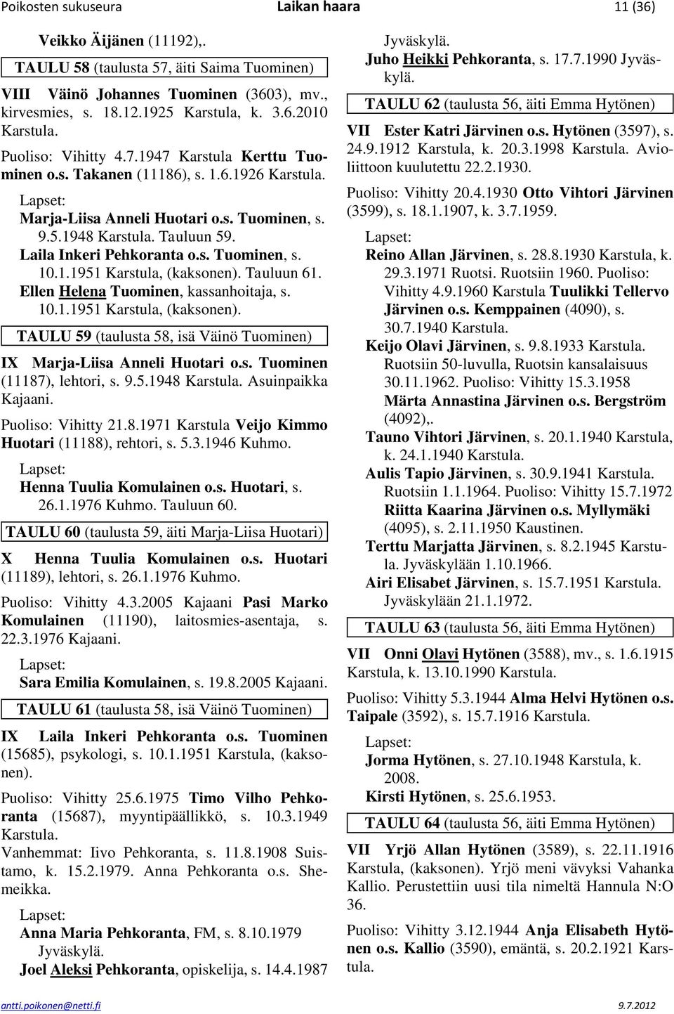 Tauluun 61. Ellen Helena Tuominen, kassanhoitaja, s. 10.1.1951 Karstula, (kaksonen). TAULU 59 (taulusta 58, isä Väinö Tuominen) IX Marja-Liisa Anneli Huotari o.s. Tuominen (11187), lehtori, s. 9.5.1948 Asuinpaikka Kajaani.